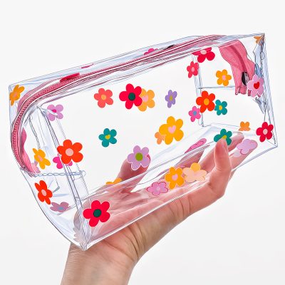 Clear PVC Cosmetic Bag Transparent Makeup Pouch Waterproof Travel Organizer Flower Pineapple Print for Women Girls