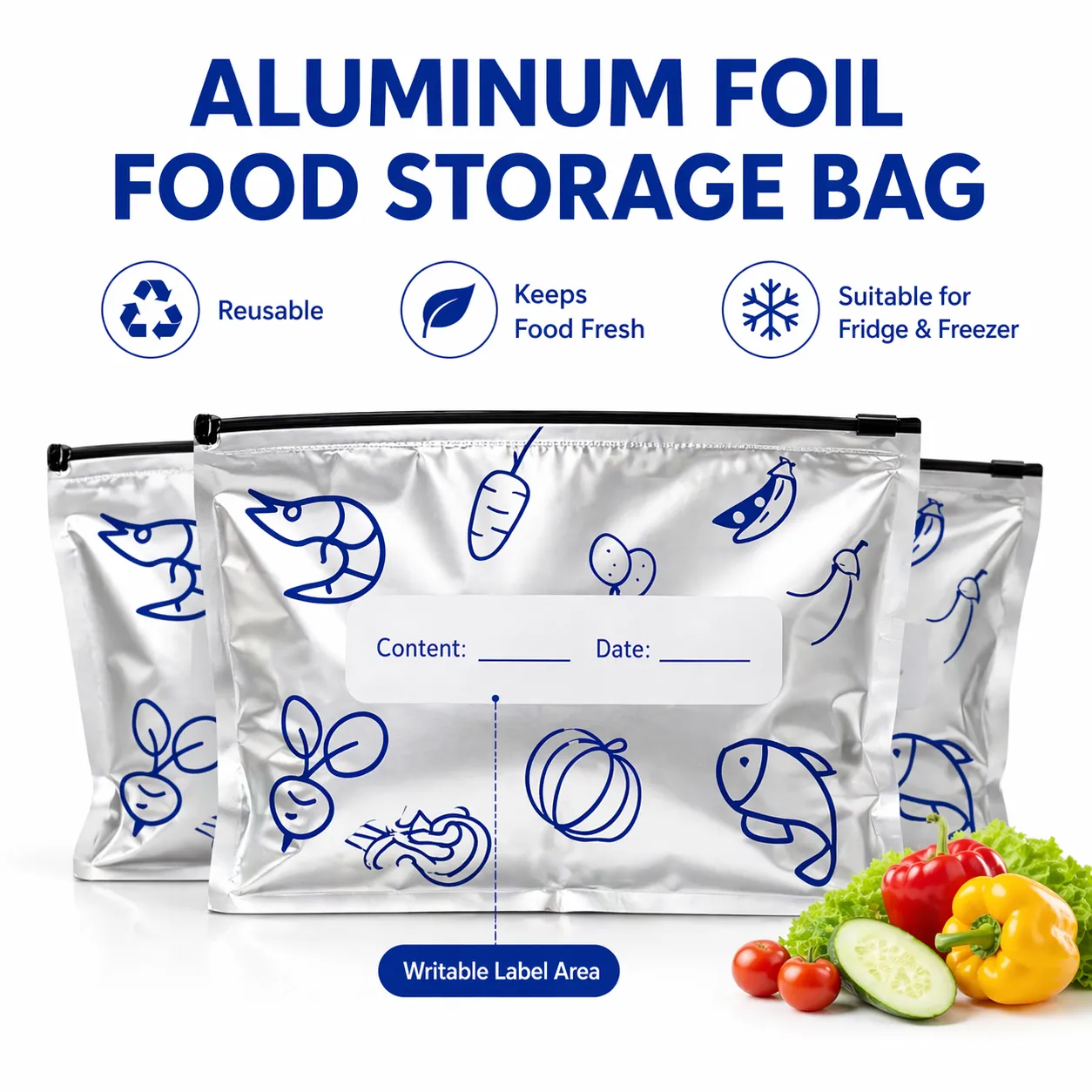 Aluminum Foil Fresh Keeping Bag Reusable Ziplock Food Storage Pouch Waterproof Seal Organizer for Kitchen Freezer