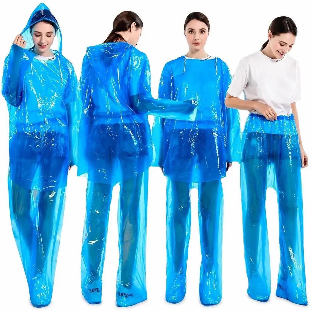 Disposable Raincoat Suit Waterproof PE Hooded Jacket Pants Set Adult Kids Outdoor Travel Emergency Use Baju Hujan
