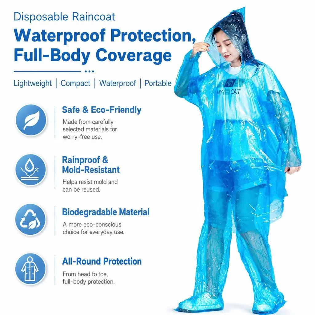 Disposable Raincoat Suit Waterproof PE Hooded Jacket Pants Set Adult Kids Outdoor Travel Emergency Use Baju Hujan - Image 2