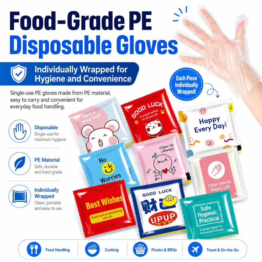 【200 Pairs】Disposable PE Gloves Individually Packed Plastic Hand Gloves Food Safe Kitchen BBQ Cleaning Transparent