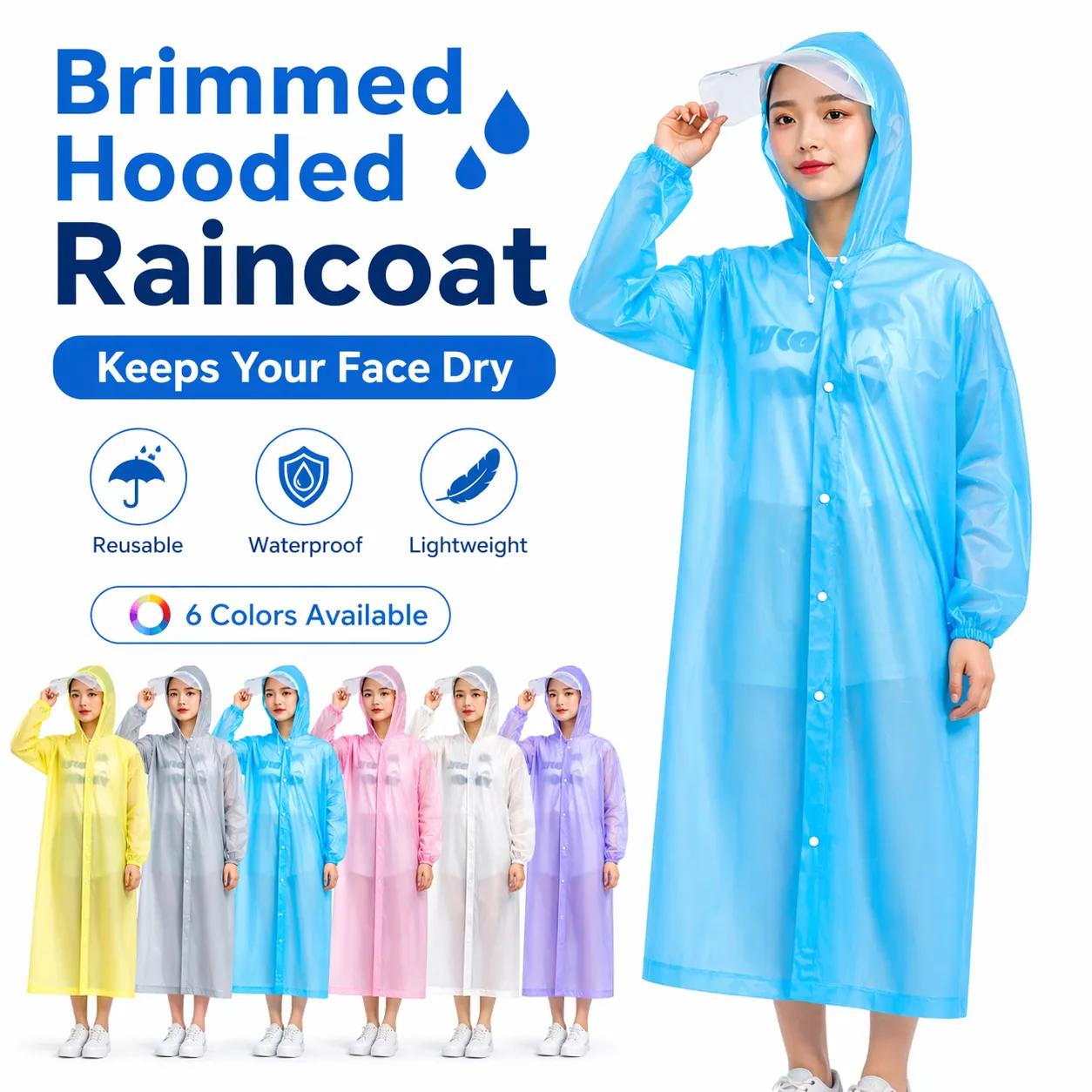 Portable PEVA Raincoat Reusable Waterproof Poncho Adjustable Hood Long Rain Coat Unisex Outdoor Travel Cycling Jacket